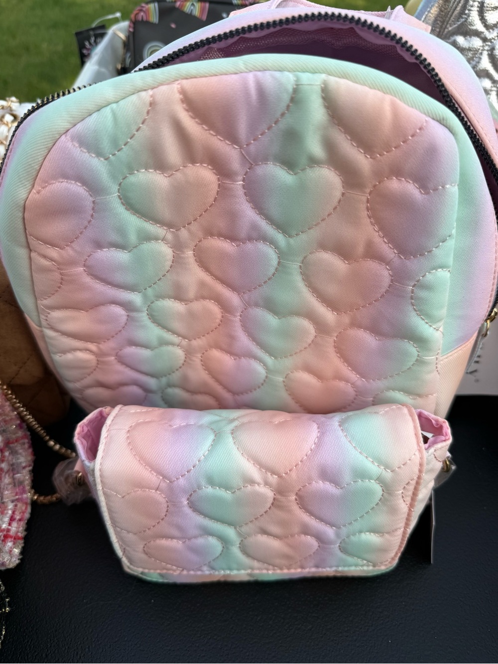 Pastel Heart Quilted Mini Backpack and Purse Combo Pink & Mint